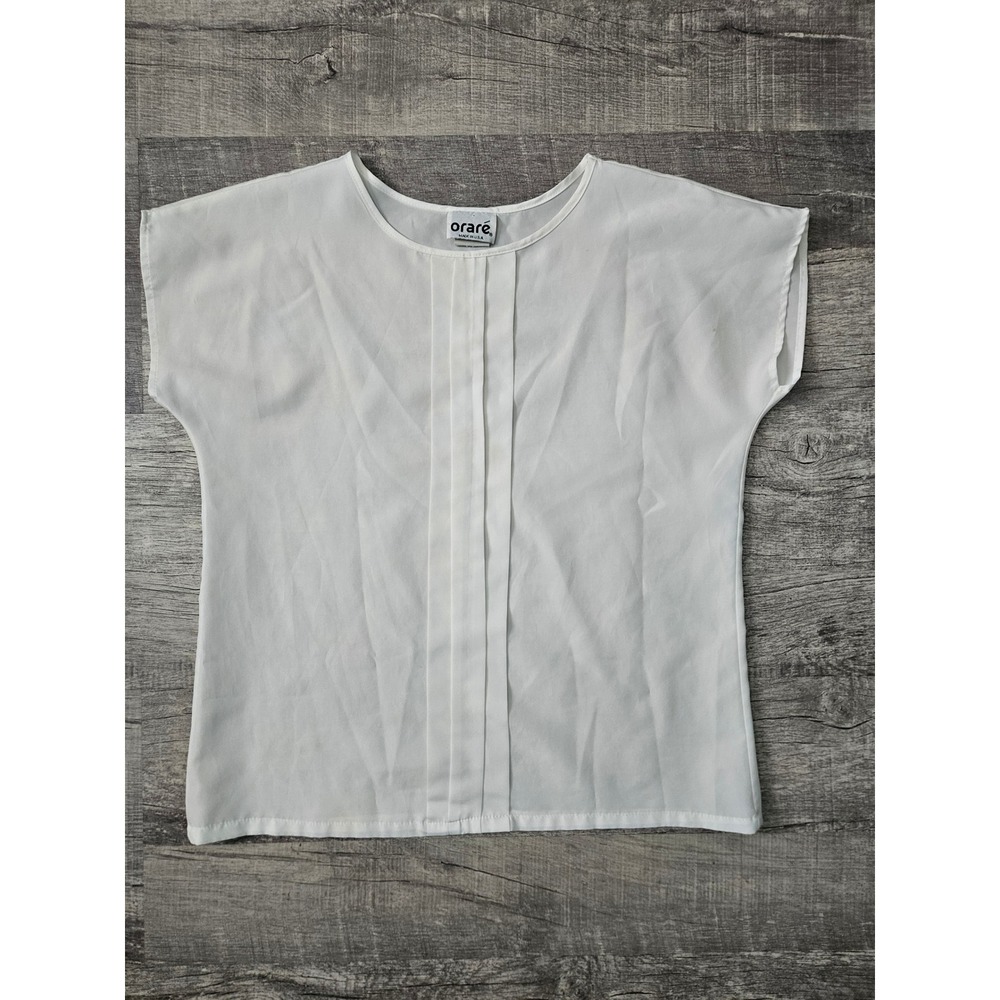 Vintage Orare White Pleated Front Short Sleeve Blouse Top Sz 10 Made in USA